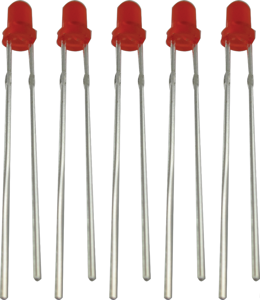 CE 3mm diameter, diffused lens, 3.6 mCd LEDs, Red, 5 Pack