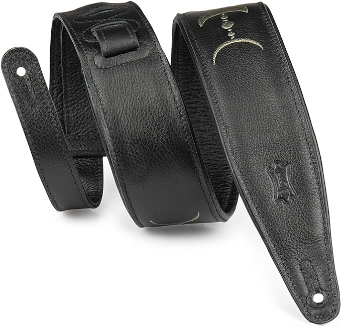 Levy's 2.5" Padded Garment Leather Guitar Strap with Embroidery Moon Phases, Black/Green