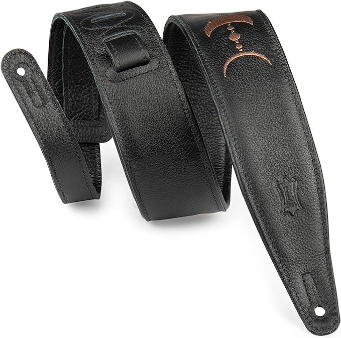 Levy's 2.5" Padded Garment Leather Guitar Strap with Embroidery Moon Phases, Black/Brown