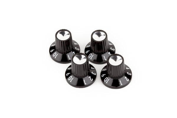 Fender Black/Silver Skirted (1-10) Push-On Amplifier Knobs, Black, 4 Pack