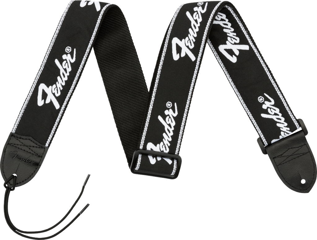 Fender Running Logo Strap, Black/White Logo, 2"