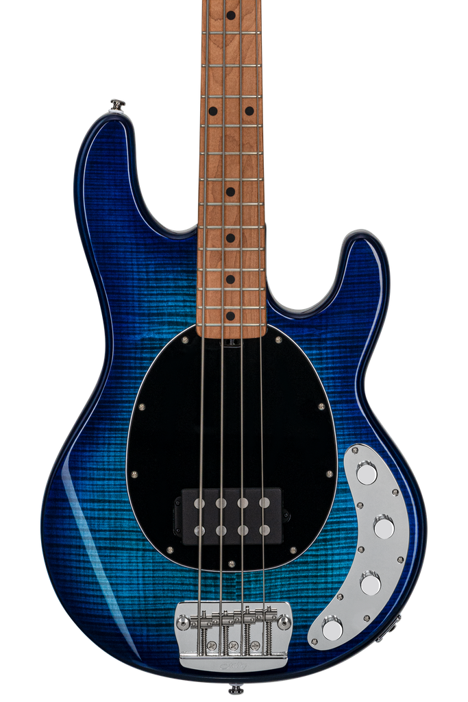 Sterling by Music Man StingRay RAY34 Flame Maple, Neptune Blue