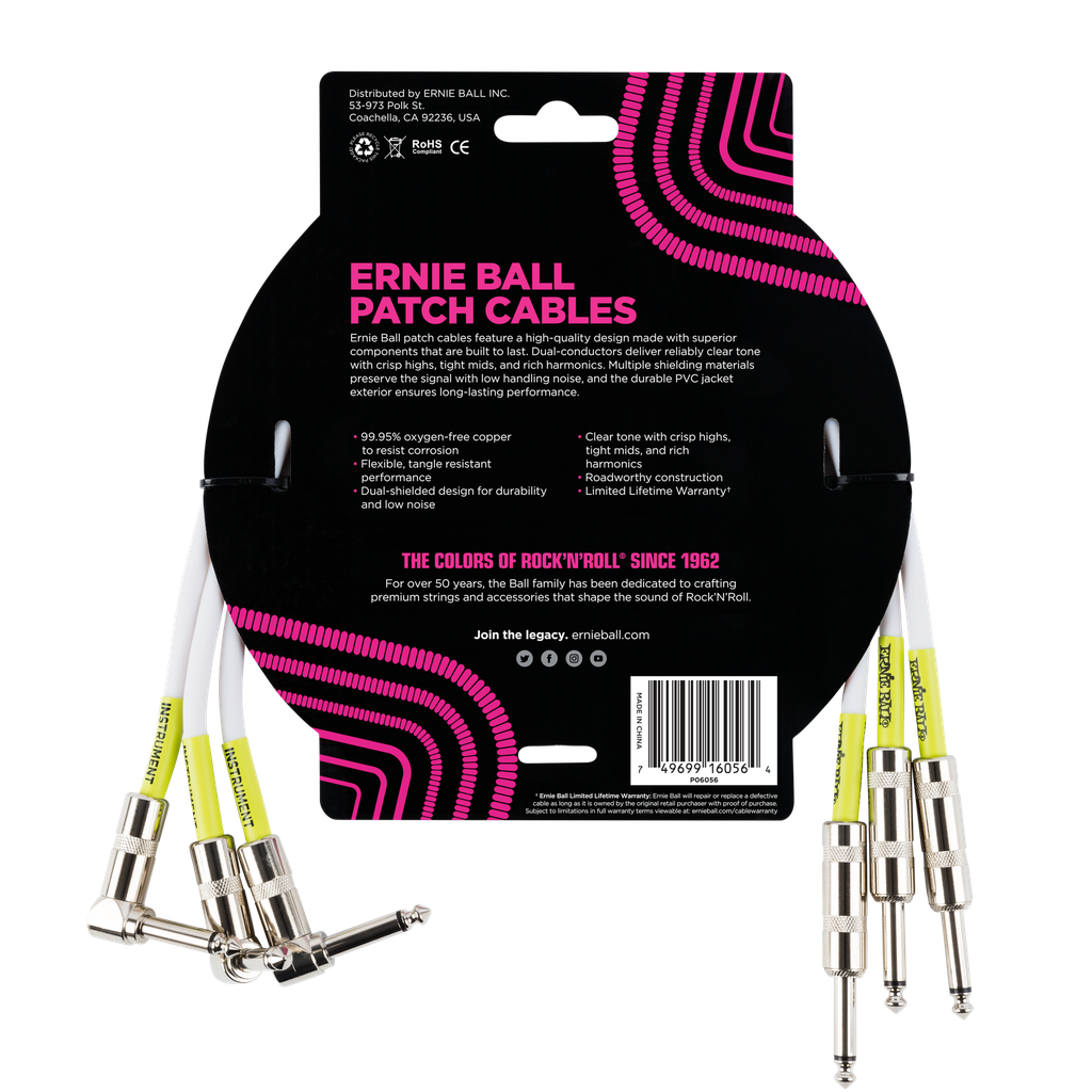 Ernie Ball 1.5' Straight / Angle Patch Cable 3-pack - White  
