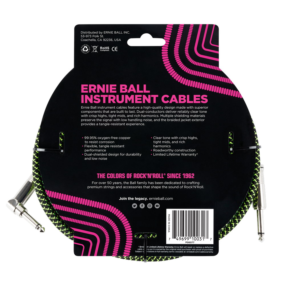 Ernie Ball 10' Braided Straight / Angle Instrument Cable - Black / Green