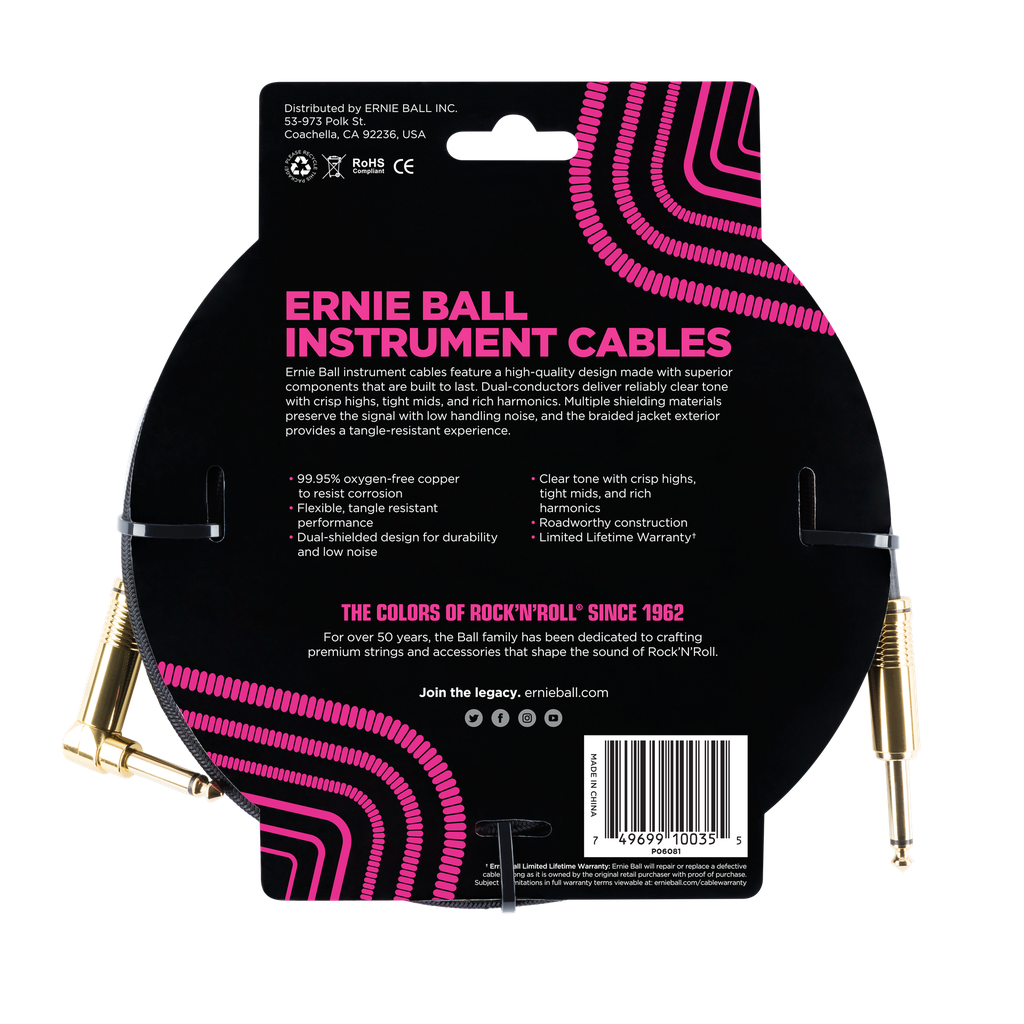 Ernie Ball 10' Braided Straight / Angle Instrument Cable - Black w/Gold Connectors
