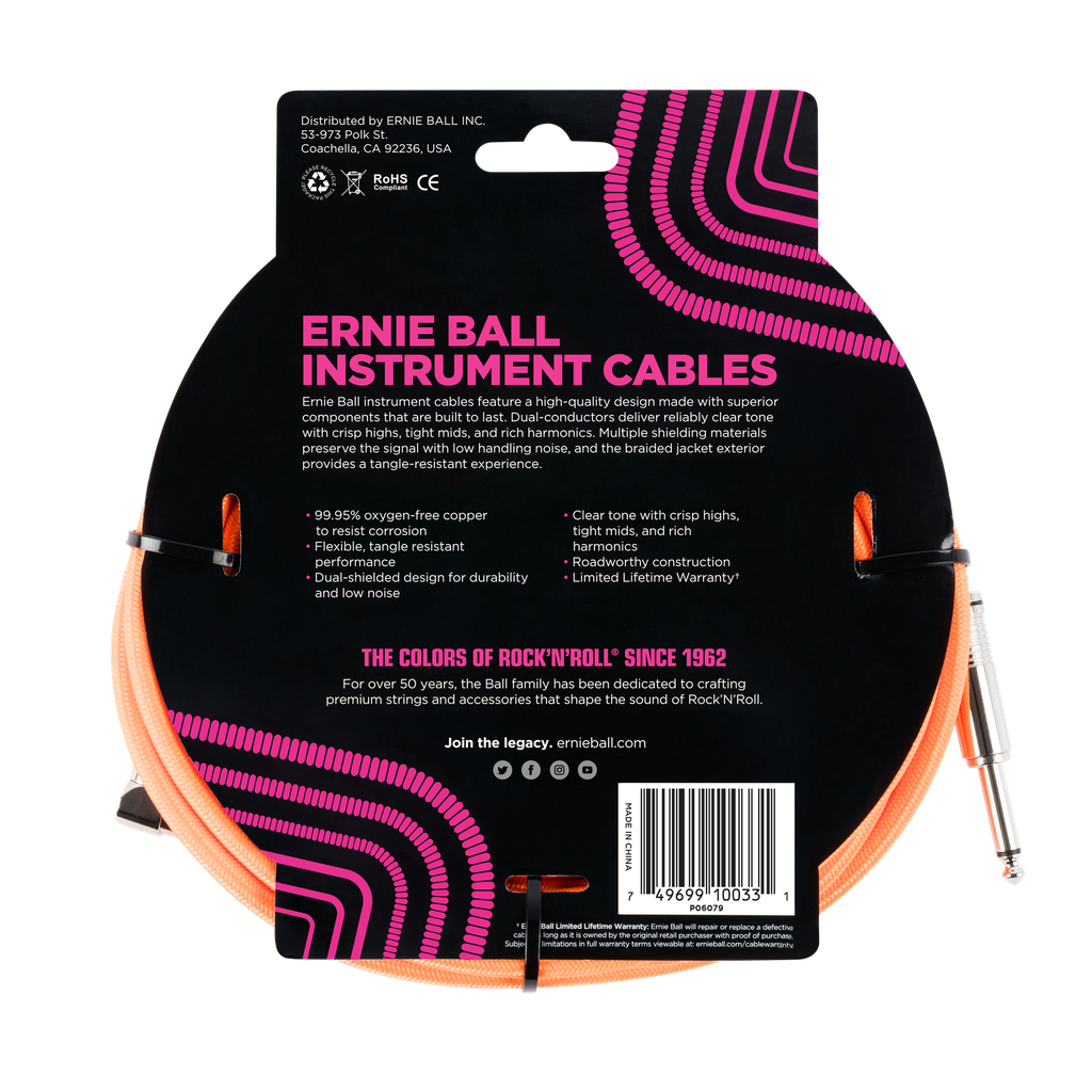 Ernie Ball 10' Braided Straight / Angle Instrument Cable - Neon Orange