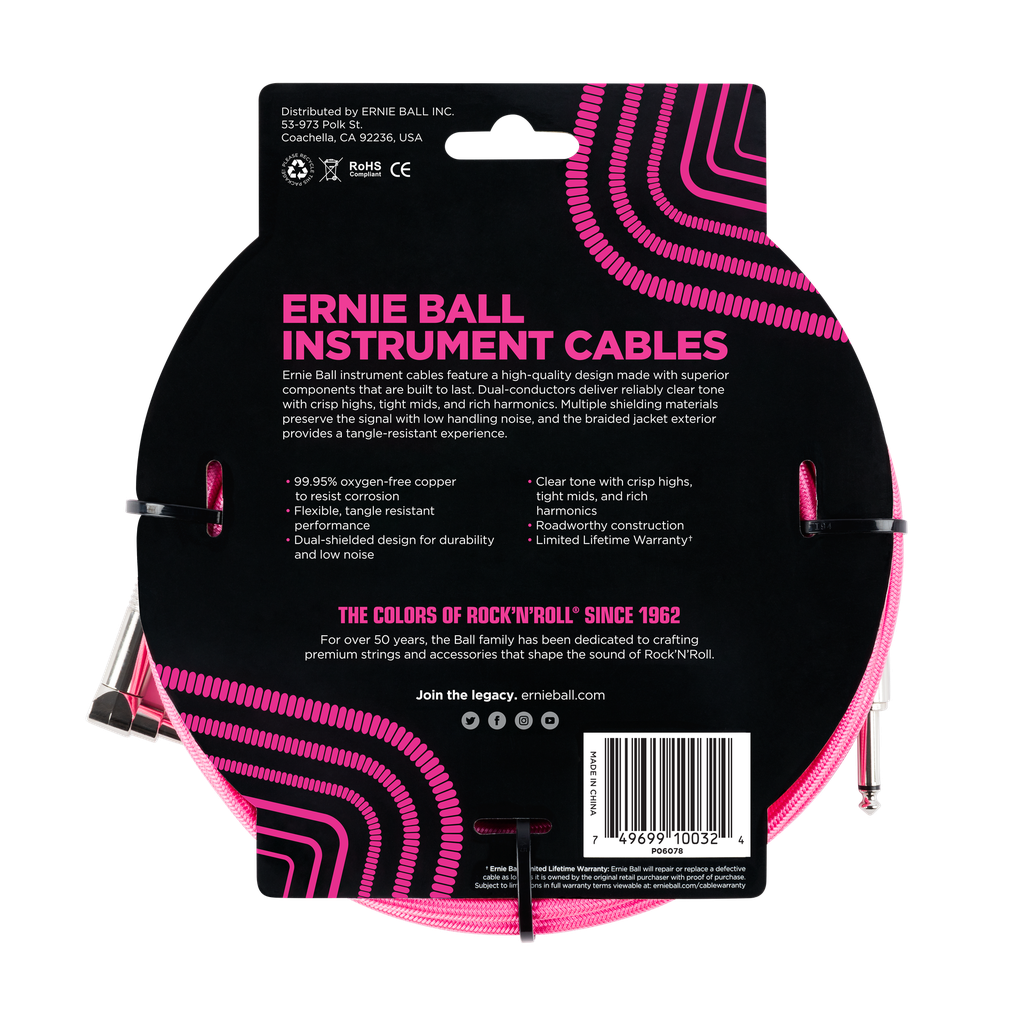 Ernie Ball 10' Braided Straight / Angle Instrument Cable - Neon Pink