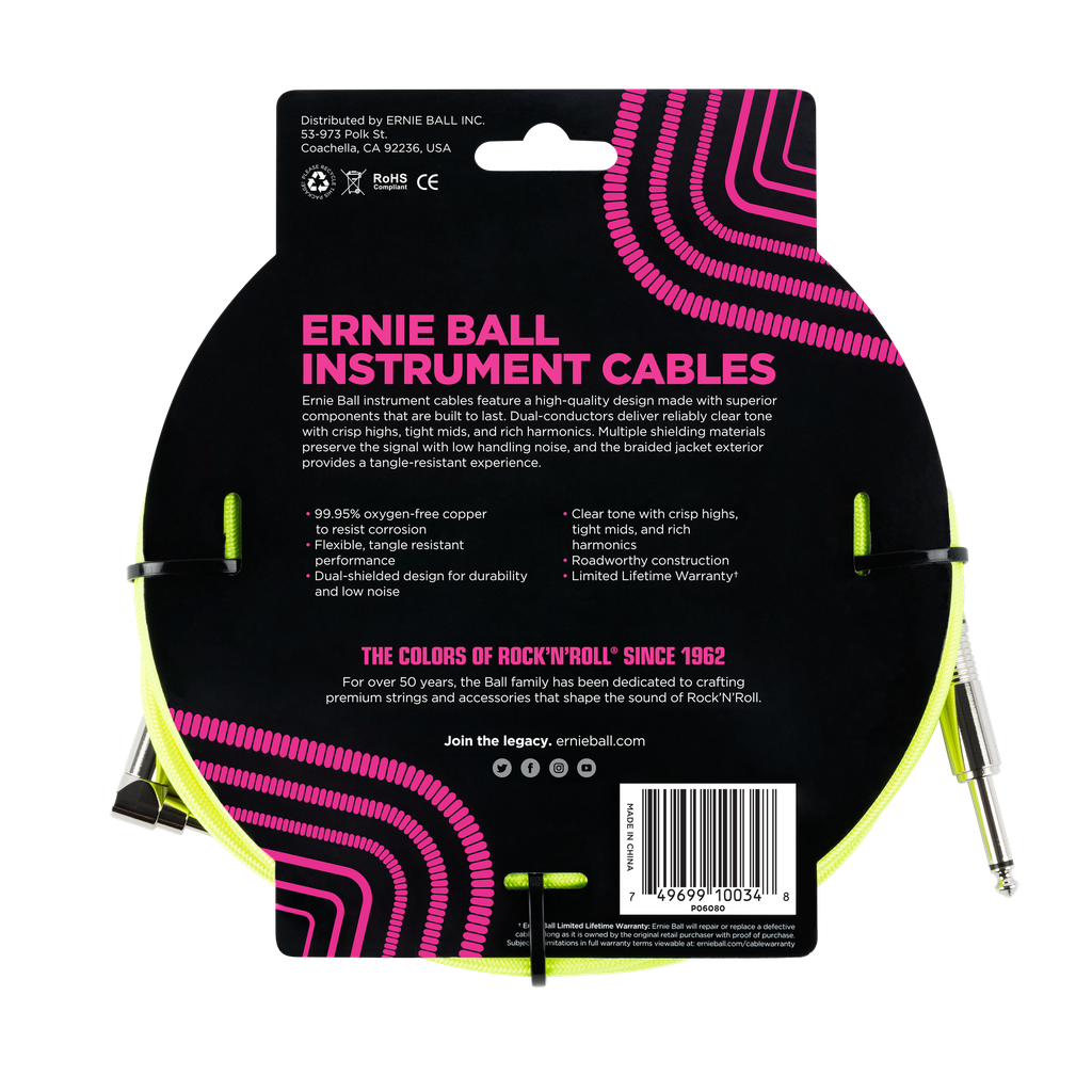 Ernie Ball 10' Braided Straight / Angle Instrument Cable Neon - Yellow