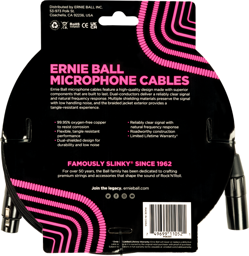 Ernie Ball 15' Braided Male Female XLR Microphone Cable Black