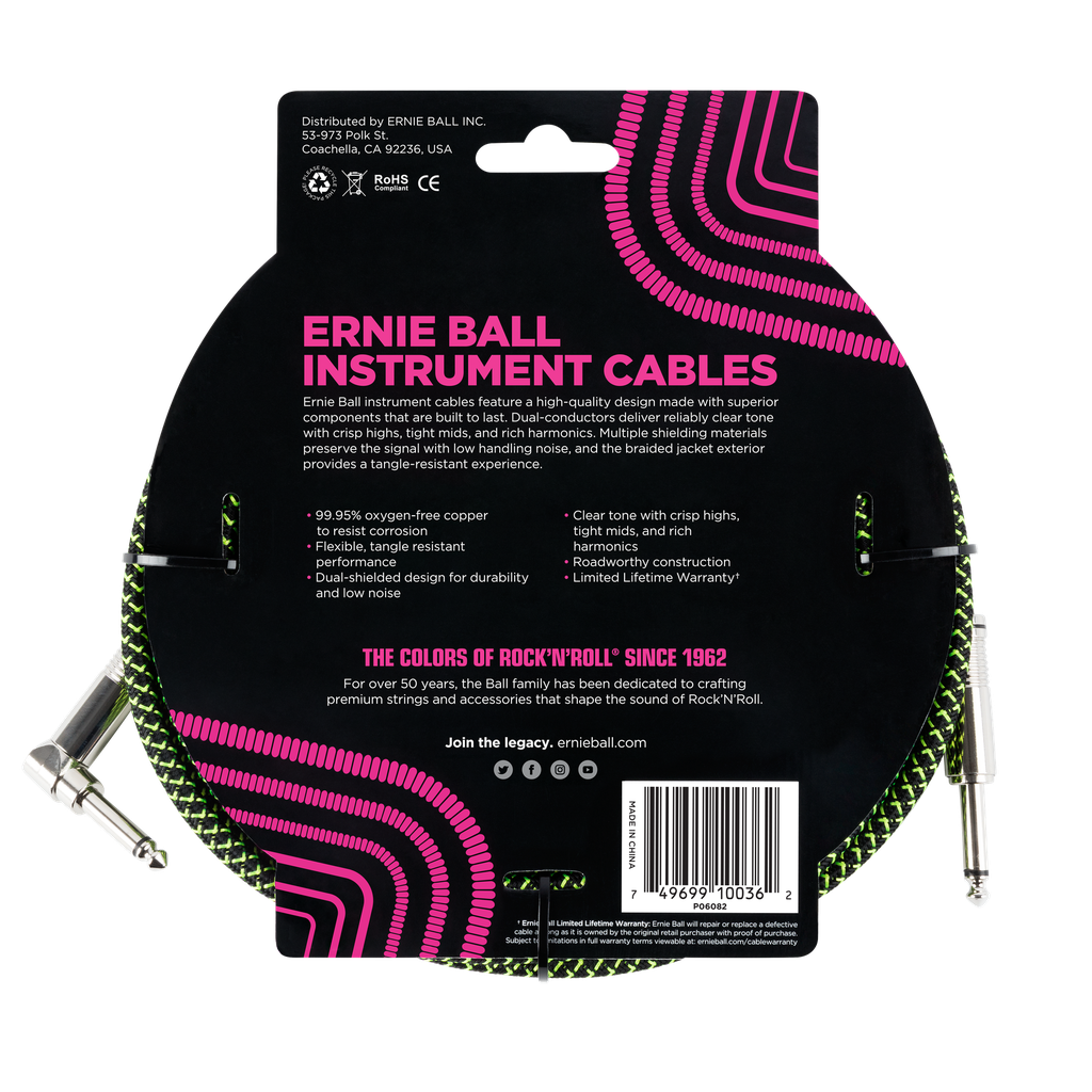 Ernie Ball 18' Braided Straight / Angle Instrument Cable - Black / Green