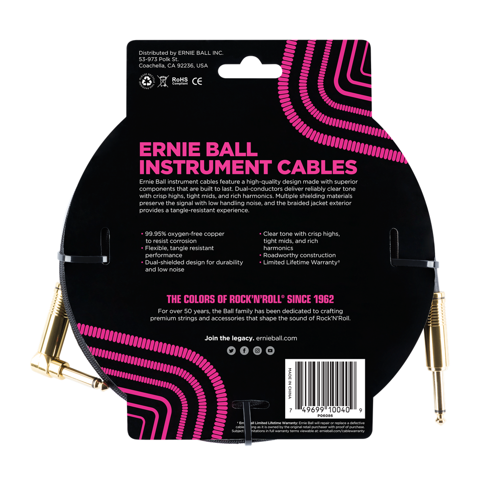 Ernie Ball 18' Braided Straight / Angle Instrument Cable - Black w/Gold Connectors