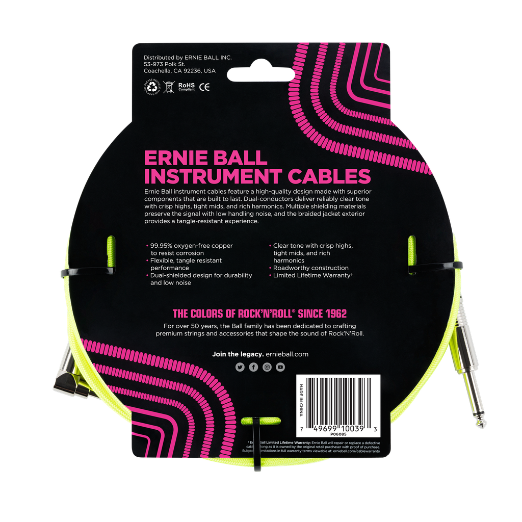 Ernie Ball 18' Braided Straight / Angle Instrument Cable Neon - Yellow