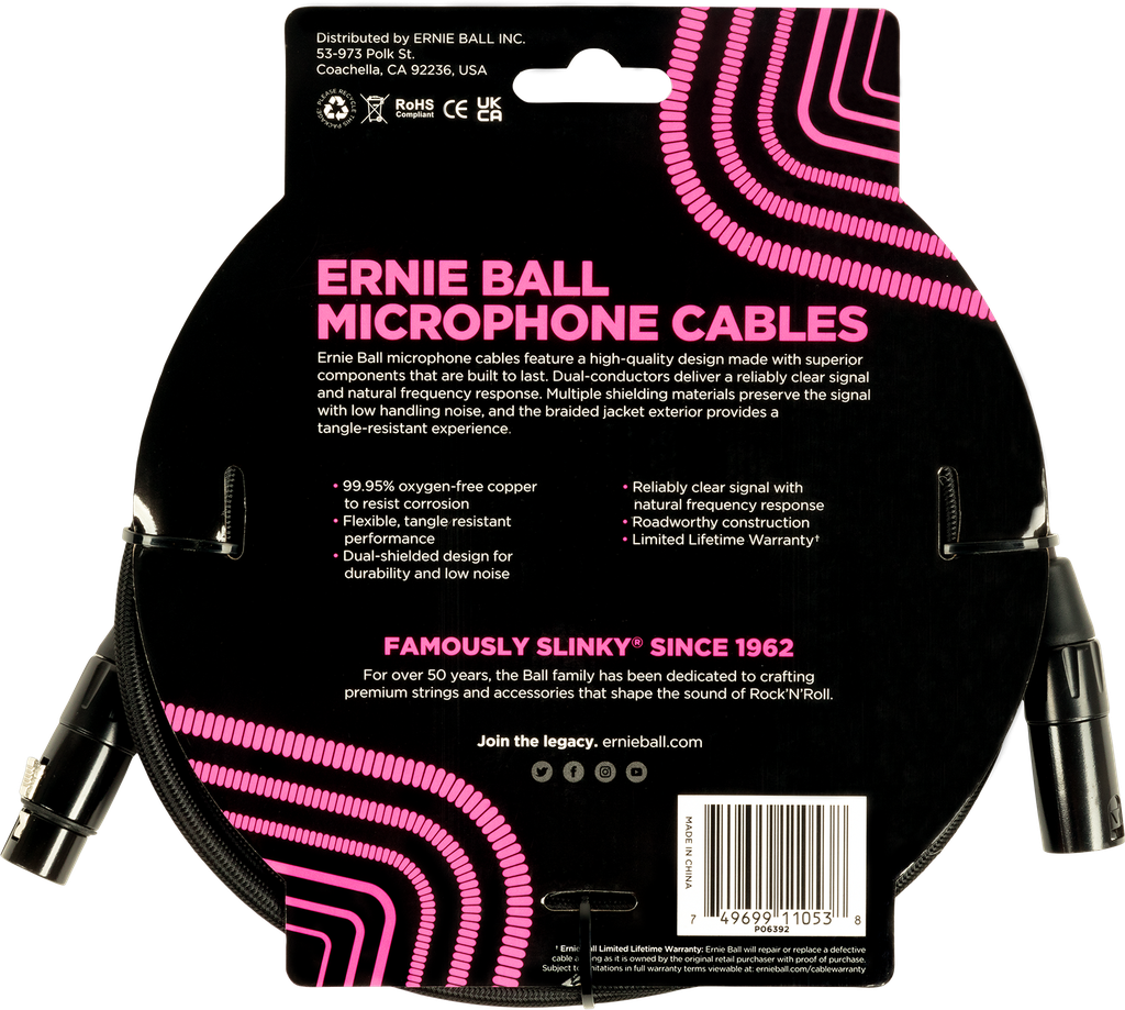 Ernie Ball 20' Braided Male Female XLR Microphone Cable Black