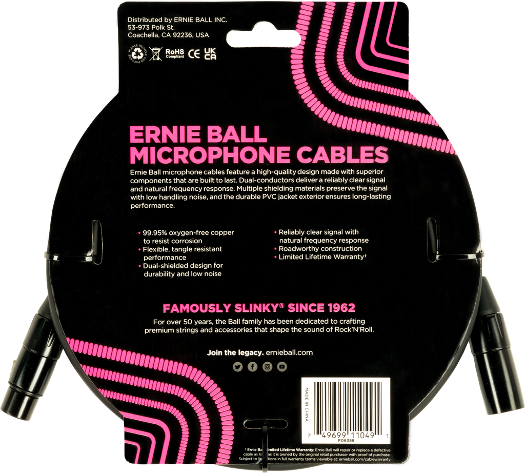 Ernie Ball 20' Male Female XLR Microphone Cable Black