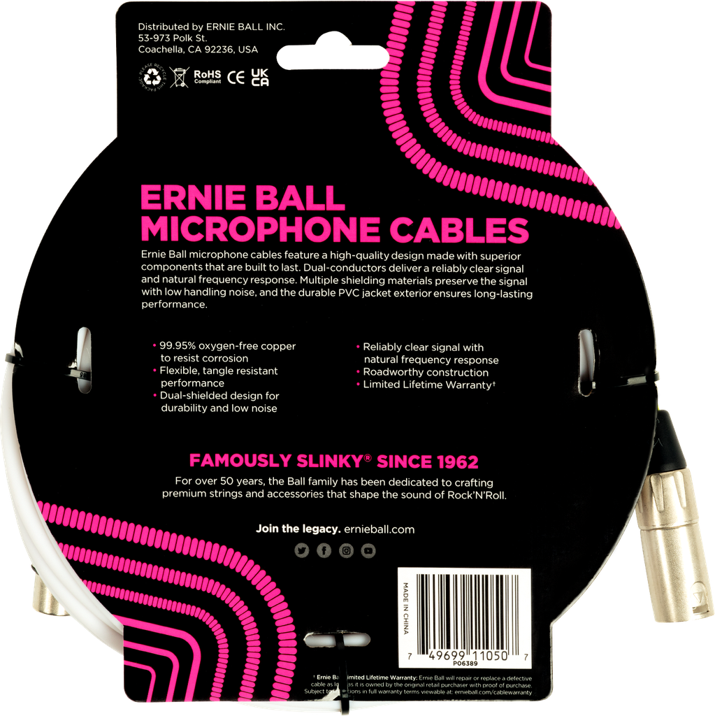 Ernie Ball 20' Male Female XLR Microphone Cable White