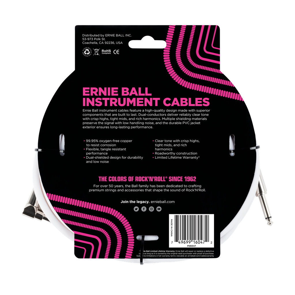 Ernie Ball 20' Straight / Angle Instrument Cable - White  