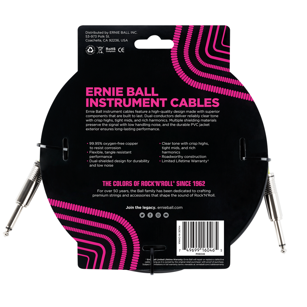 Ernie Ball 20' Straight / Straight Instrument Cable - Black  
