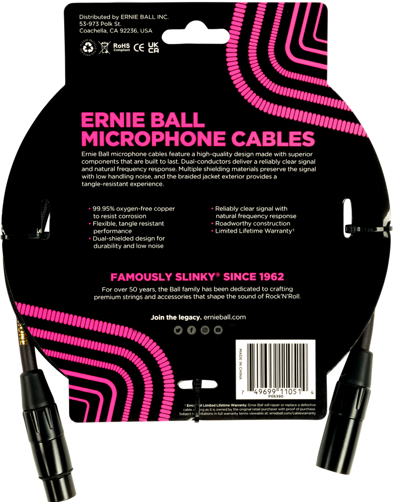 Ernie Ball 5' Braided Male Female XLR Microphone Cable Black