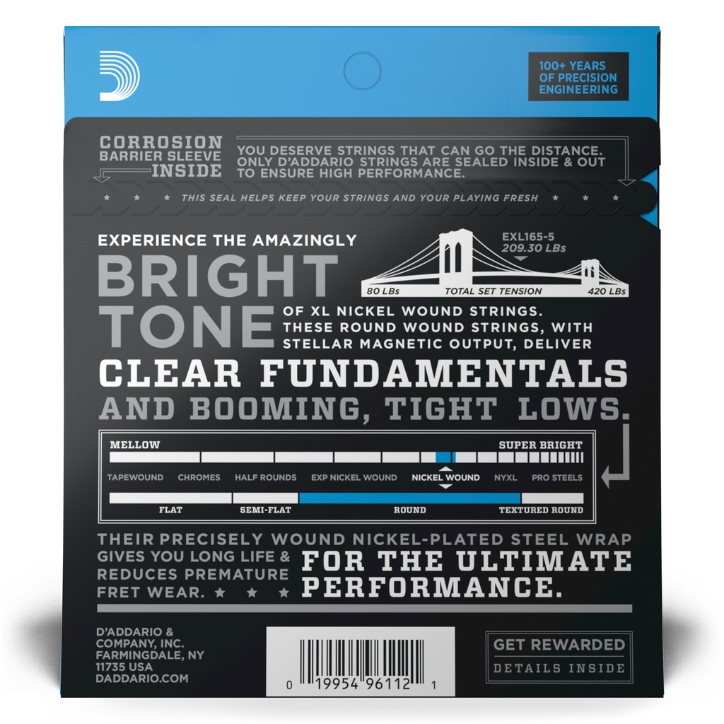 D'Addario 45-135 Regular Light Top/Medium Bottom 5-String, Long Scale, XL Nickel Bass Strings