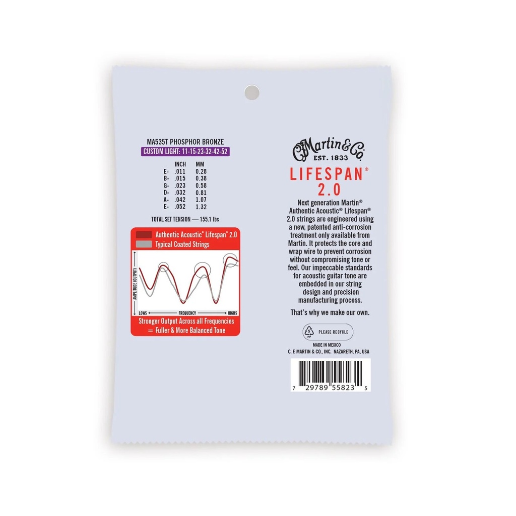 Martin MA535T Authentic Acoustic Lifespan 92/8 Phosphor Bronze Custom Light Guitar Strings. 11-52