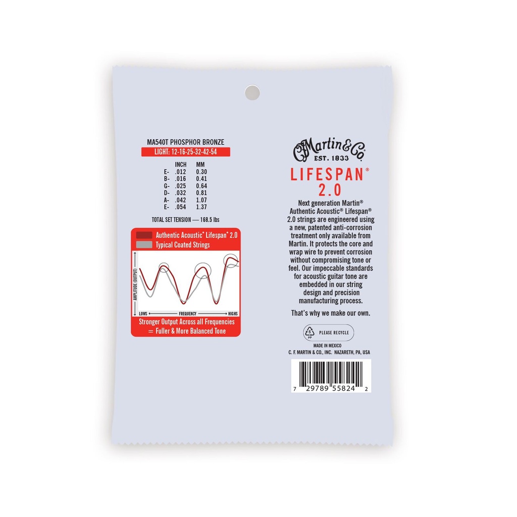 Martin MA540T Authentic Acoustic Lifespan 92/8 Phosphor Bronze Light Guitar Strings. 12-54