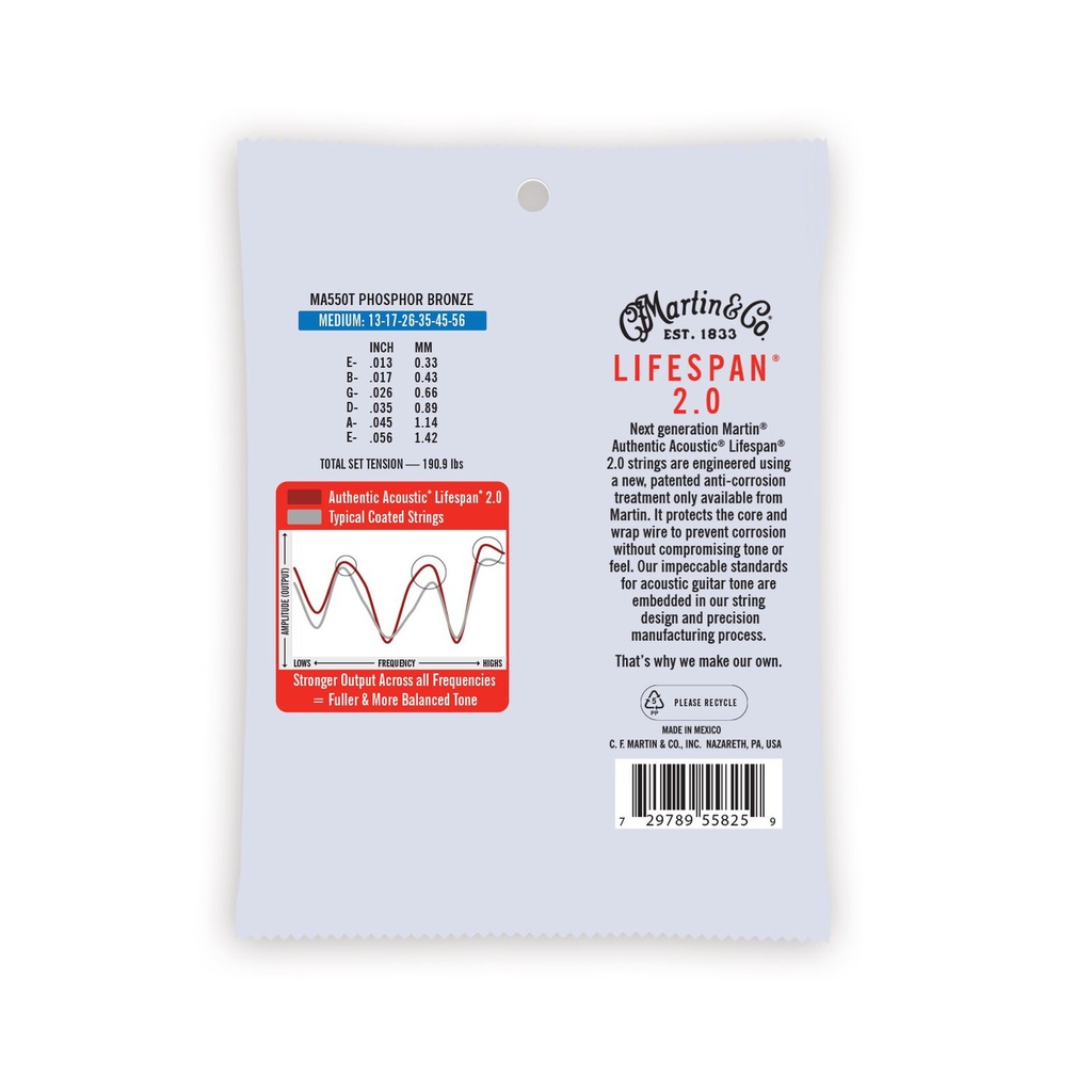 Martin MA550T Authentic Acoustic Lifespan 92/8 Phosphor Bronze Medium Guitar Strings. 13-56