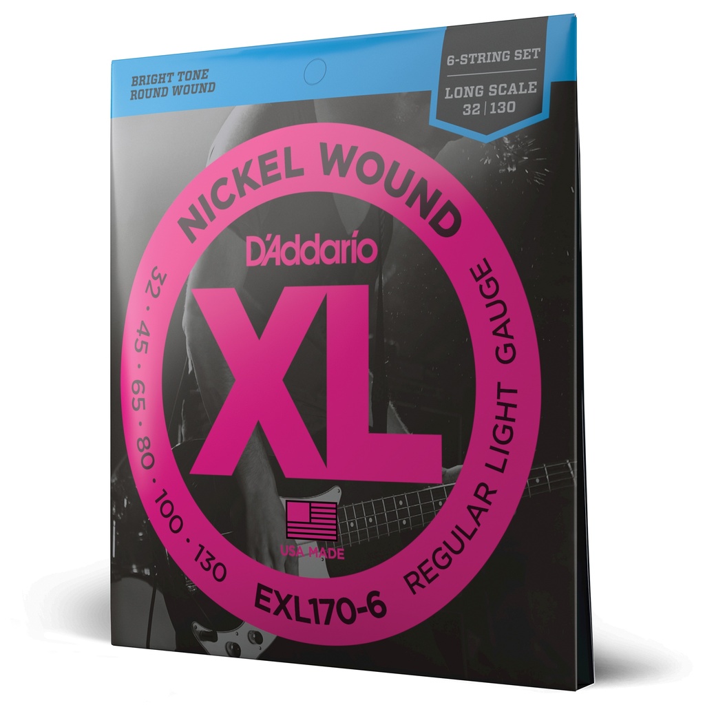 D'Addario 6-String Nickel Wound Bass Guitar Strings, Light, 32-130, Long Scale, EXL170-6