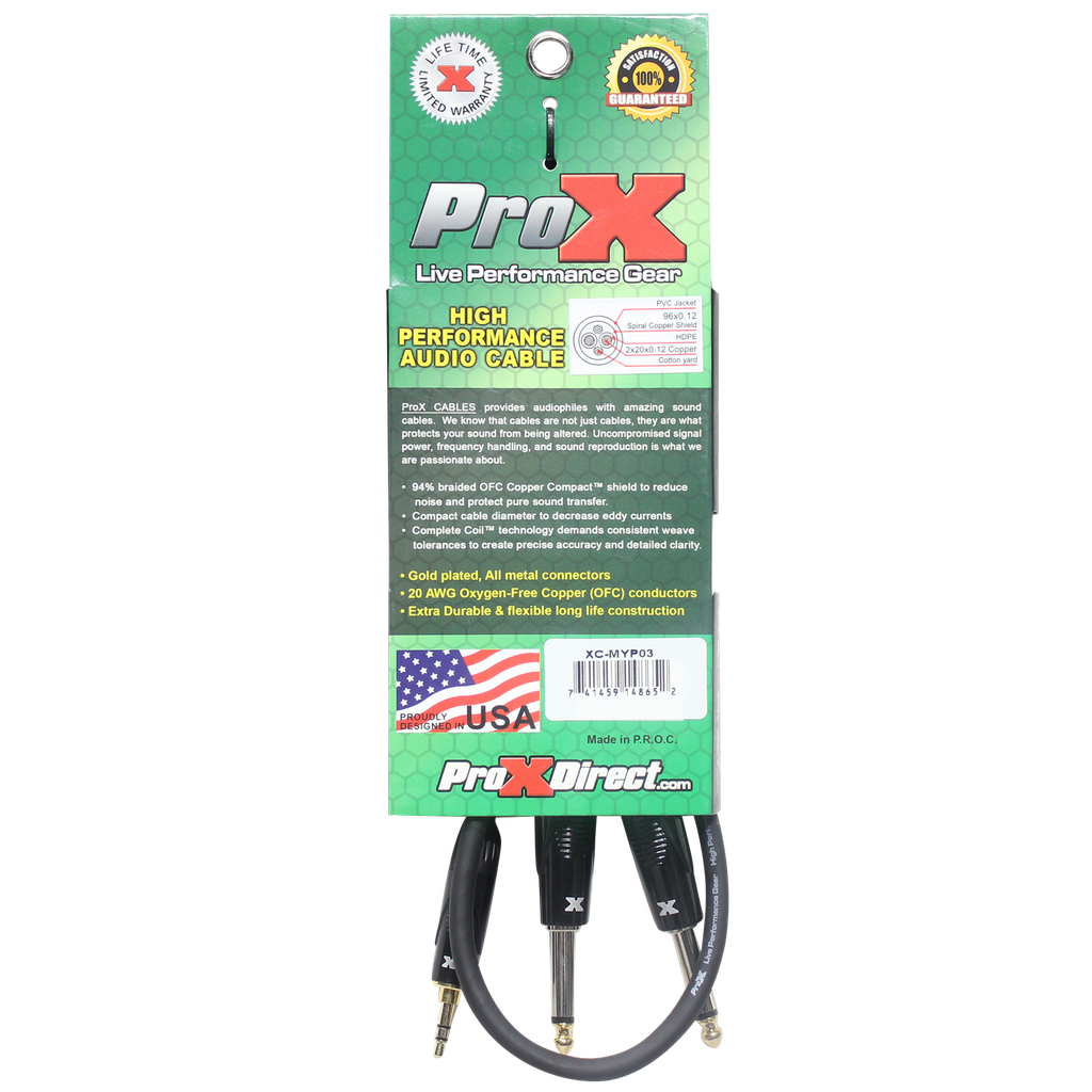 ProX 3.5mm TRS to Dual 1/4" TS Cable, 3'