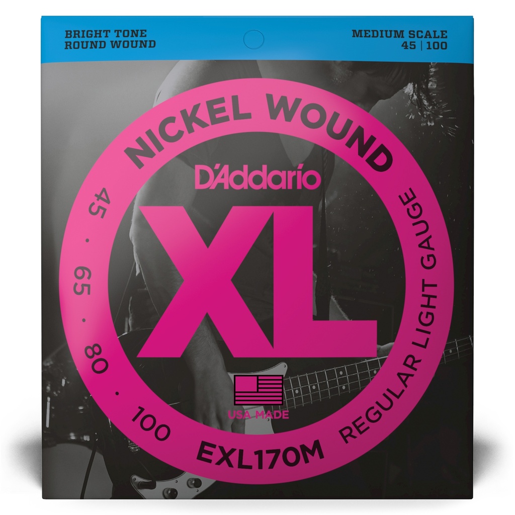 D'Addario Nickel Wound Bass Guitar Strings, Light, 45-100, Medium Scale, EXL170M
