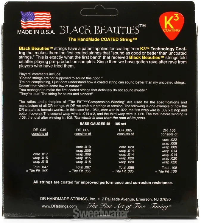 DR BKB45 Black Beauties Black Coated Bass Strings, Medium, 45-105