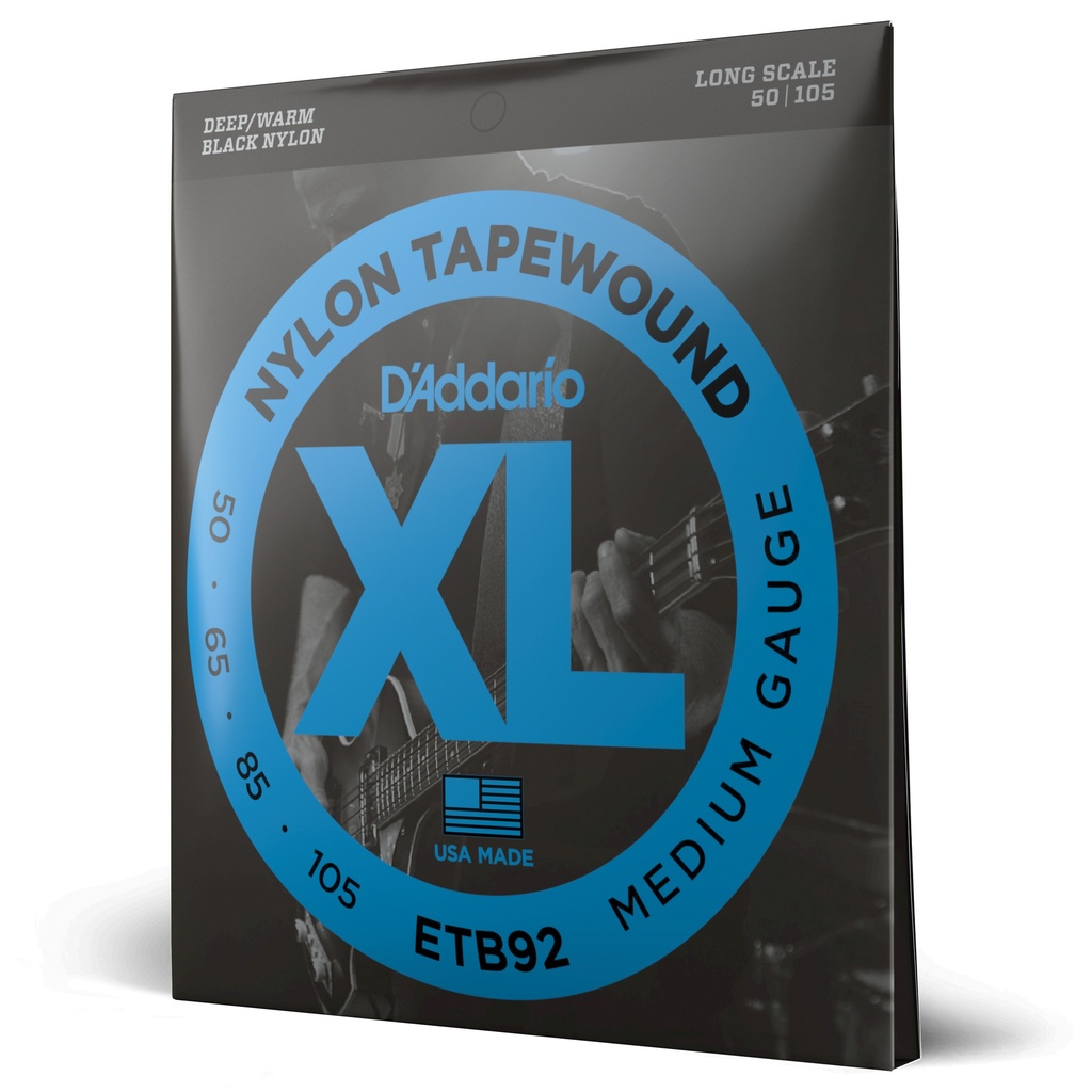 D'Addario XL Black Nylon Tapewound Bass Strings, 50-105 Medium, Long Scale, ETB92