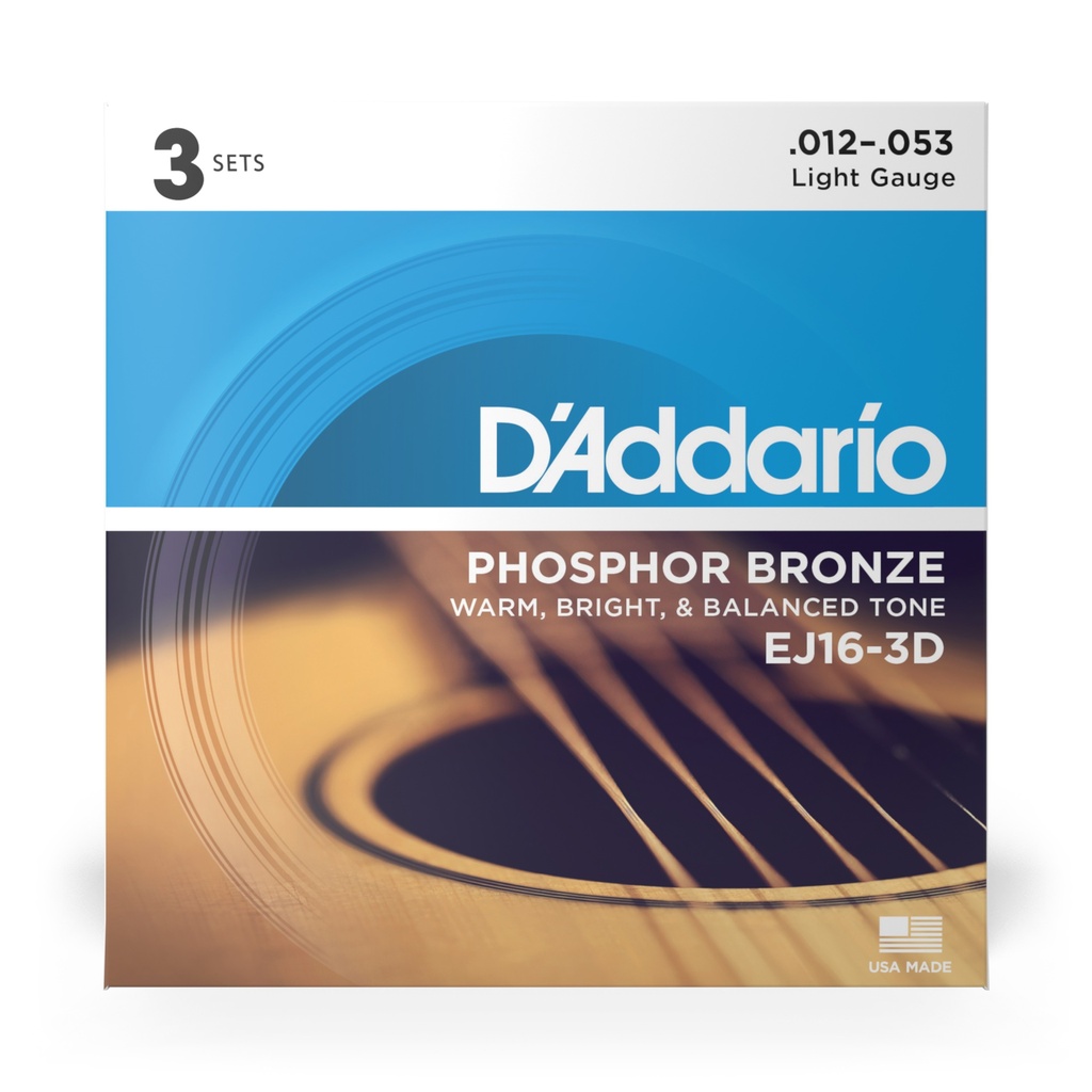 D'Addario 12-53 Light, Phosphor Bronze Acoustic Guitar Strings 3-Pack