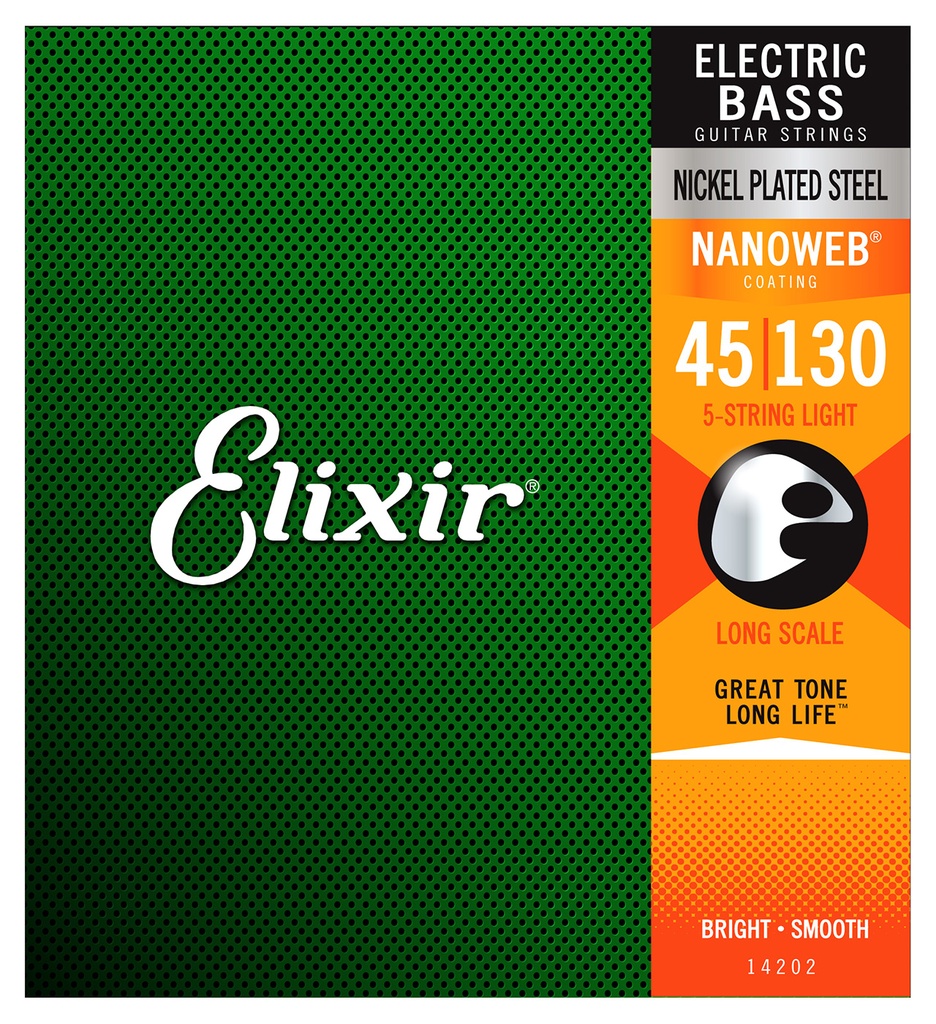 Elixir 14202 Nickel Plated Steel 5-String Bass Strings, NANOWEB, Long Scale Light 45-130