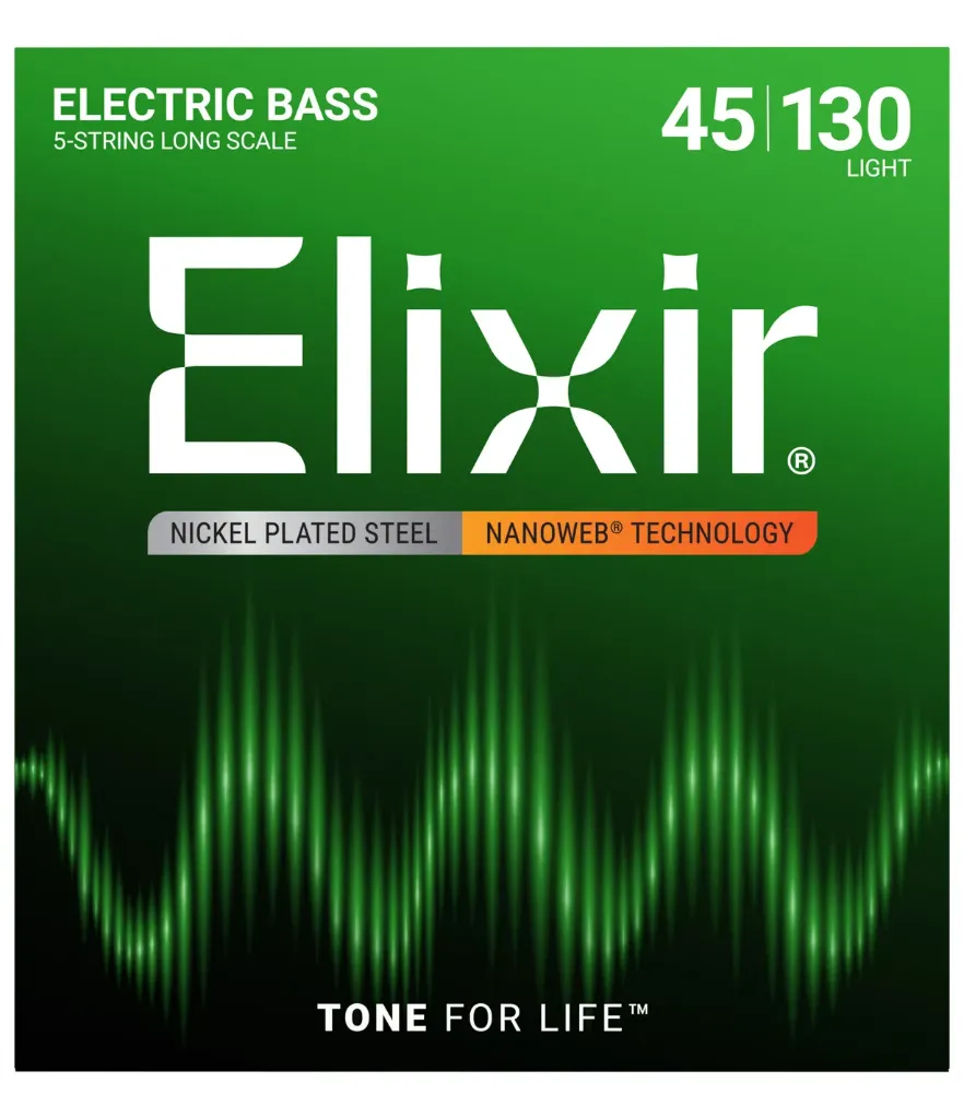 Elixir 14202 Nickel Plated Steel 5-String Bass Strings, NANOWEB, Long Scale Light 45-130