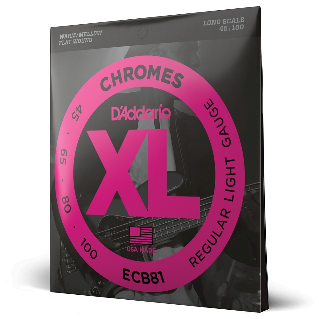 D'Addario XL Chromes Flatwound Bass Strings, 45-100 Regular Light, Medium Scale, ECB81M