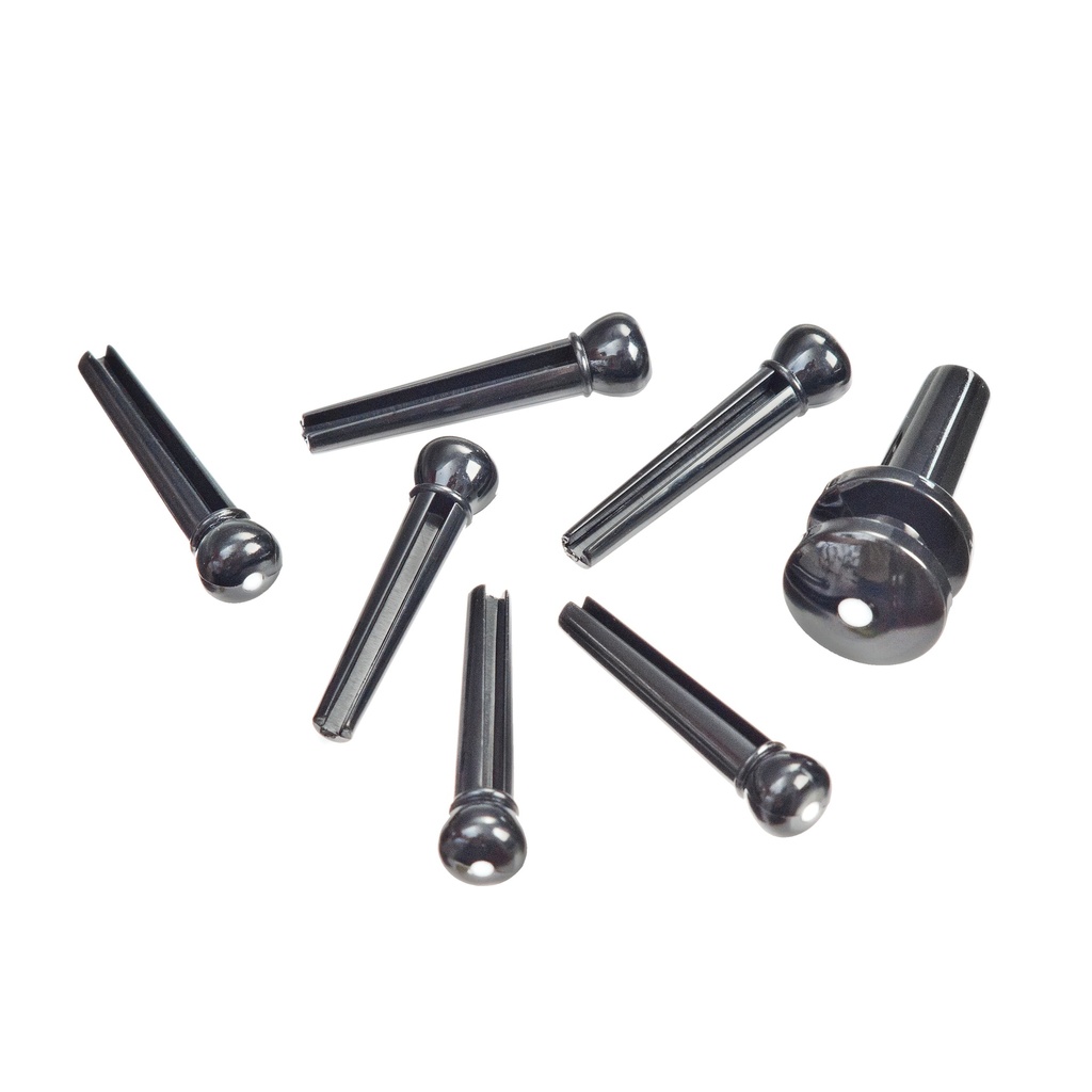 D'Addario Injected Molded Bridge Pins with End Pin, Set of 7, Ebony with Ivory Dot