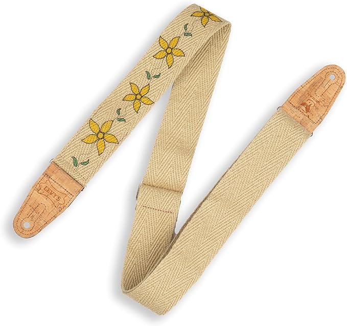 [MH8P-011] Levy's 2" Vine Series Hemp Yellow Flowers, Green Leaves, and Natural Cork Ends Guitar Strap