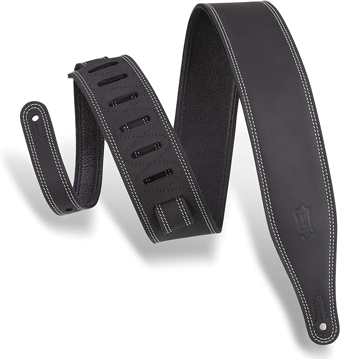 Levy's 2.5" Like Butter Series Double Stitched Leather Guitar Strap, Black