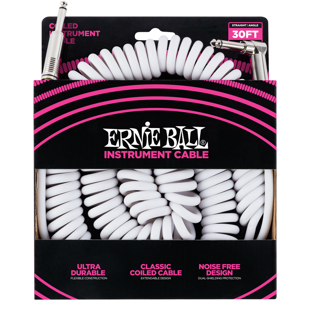 Ernie Ball 30' Coiled Straight / Angle Instrument Cable - White
