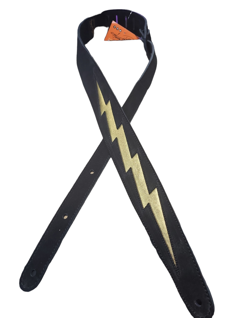 [HPBLT-01] Henry Heller 2" Wide Garment Leather Guitar Strap, Black with Gold Lighting Bolt