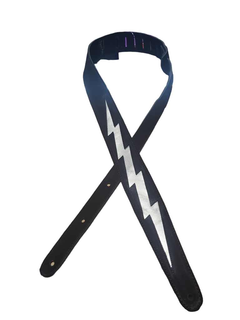 [HPBLT-02] Henry Heller 2" Wide Garment Leather Guitar Strap, Black with Silver Lighting Bolt