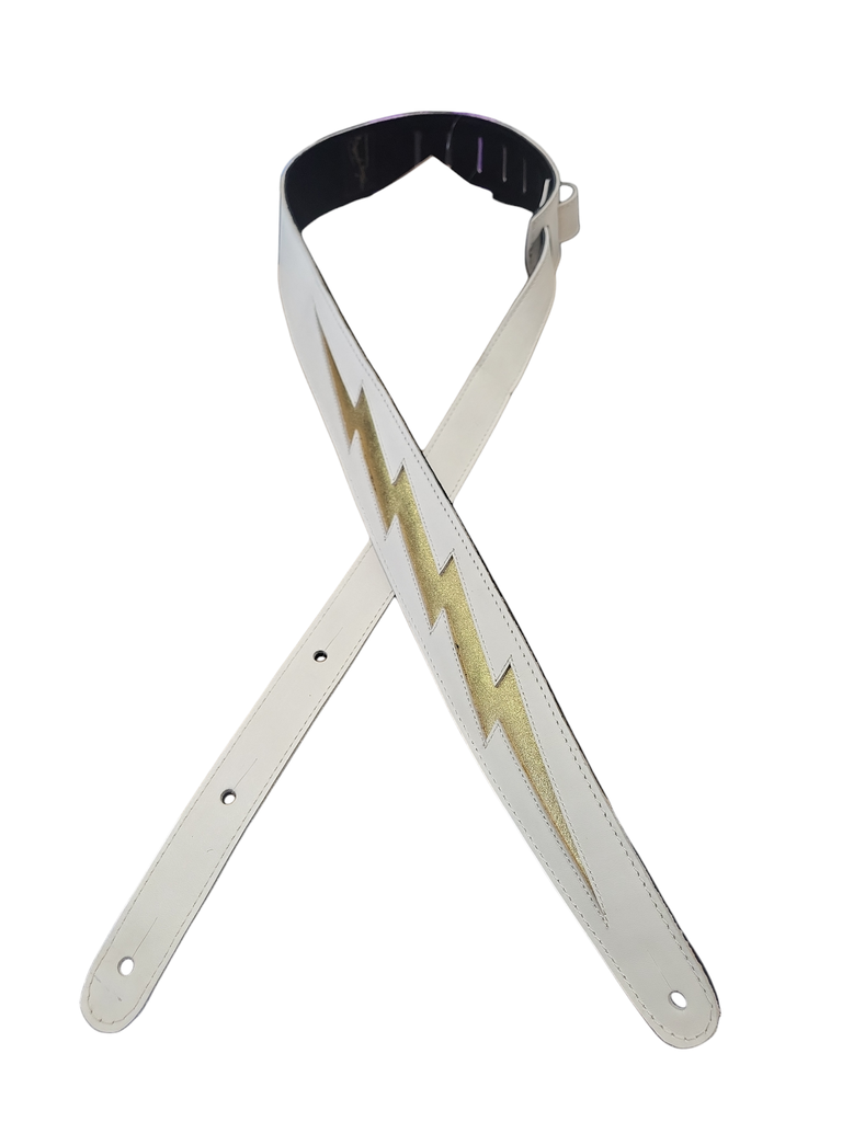 [HPBLT-03] Henry Heller 2" Wide Garment Leather Guitar Strap, Bone with Gold Lighting Bolt