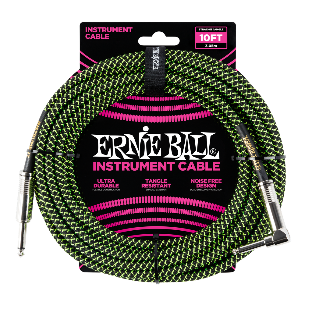 [P06077] Ernie Ball 10' Braided Straight / Angle Instrument Cable - Black / Green