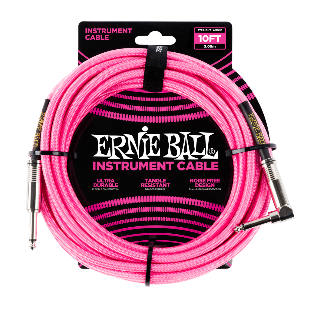 [P06078] Ernie Ball 10' Braided Straight / Angle Instrument Cable, Neon Pink