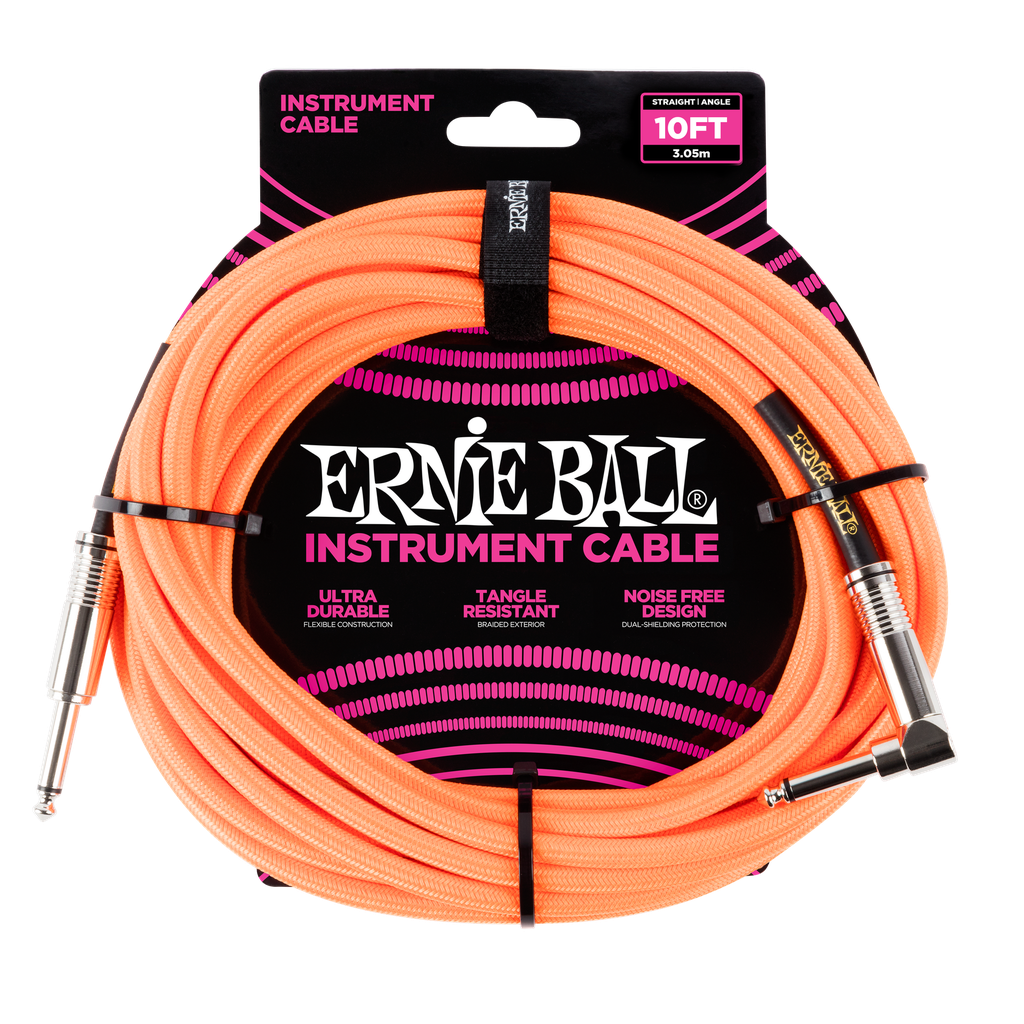 [P06079] Ernie Ball 10' Braided Straight / Angle Instrument Cable, Neon Orange