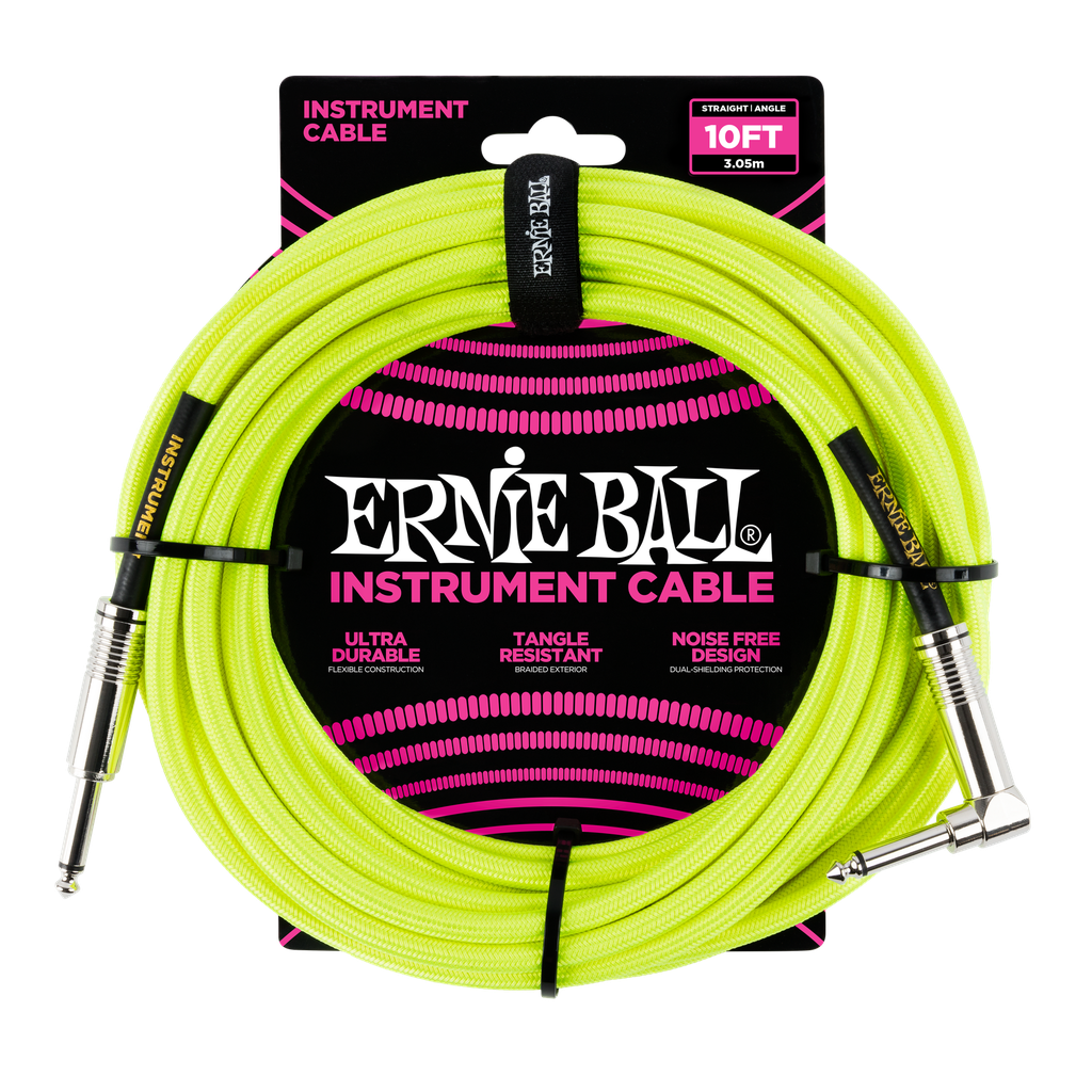 [P06080] Ernie Ball 10' Braided Straight / Angle Instrument Cable, Neon Yellow
