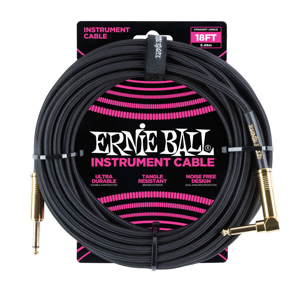 [P06086] Ernie Ball 18' Braided Straight / Angle Instrument Cable - Black w/Gold Connectors