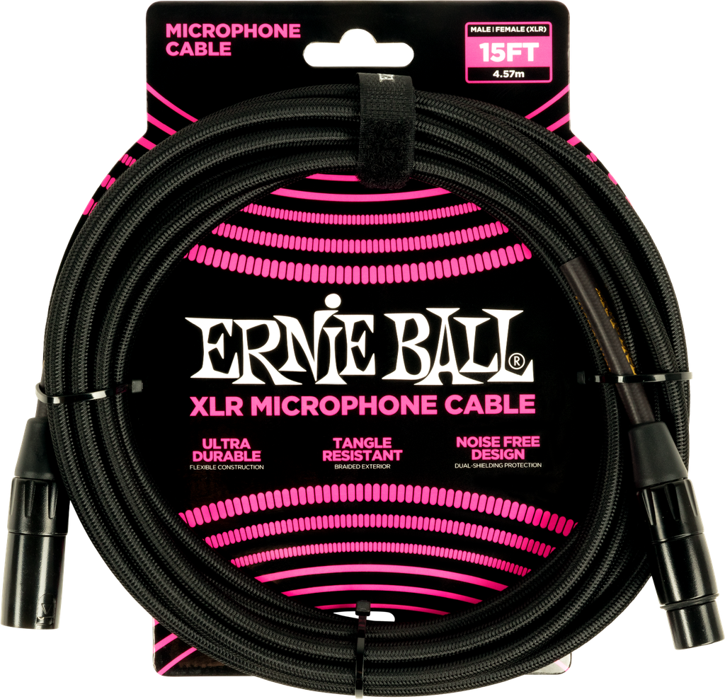 [P06391] Ernie Ball 15' Braided Male Female XLR Microphone Cable Black