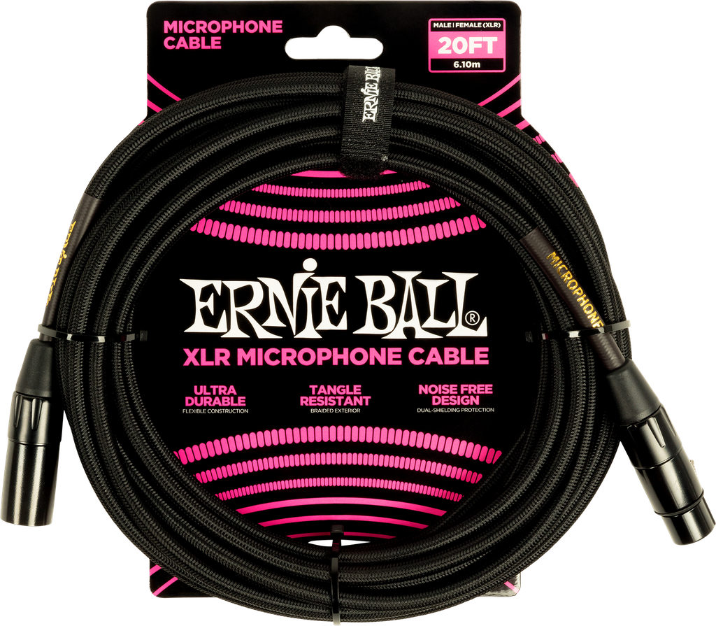 Ernie Ball 20' Braided Male Female XLR Microphone Cable Black