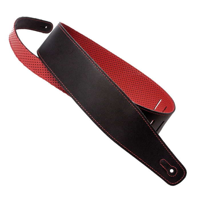 [HPLPR-BLK/RED] Henry Heller Premium Leather Guitar Strap with Perforated Back, Black & Red